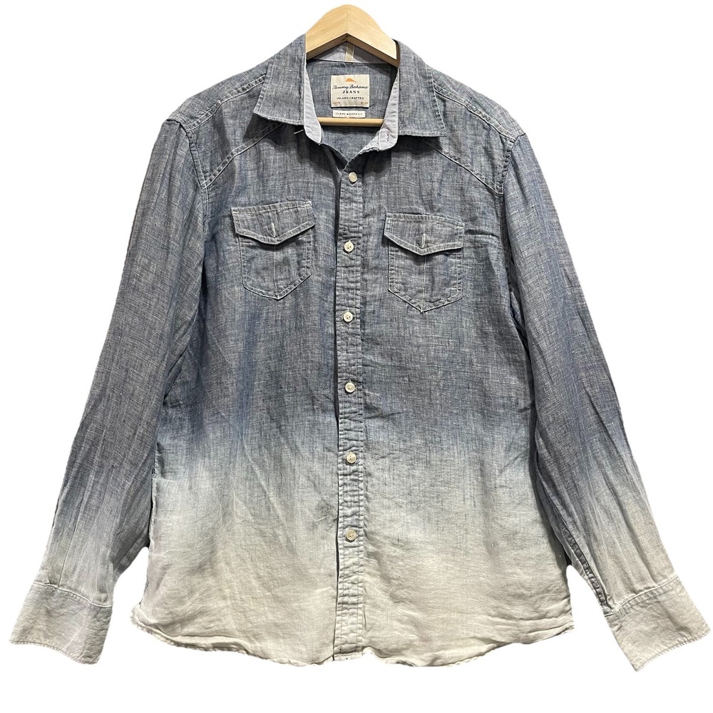 Tommy Bahama Button Down Shirt Mens M Blue Ombre‎ Linen Island Modern Fit Beach